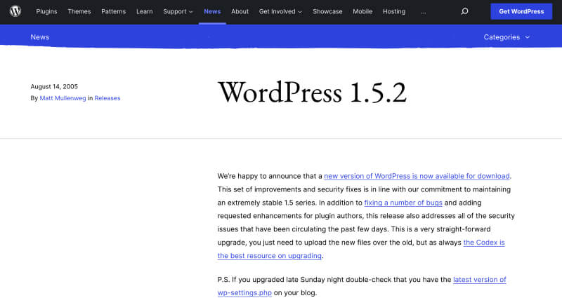WordPress 1.5.2 release post